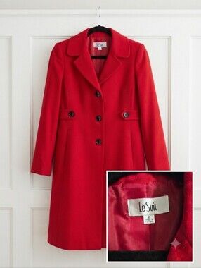 Le Suit Red Wool Blend Structured Single-Breasted Trench Coat, Size 8